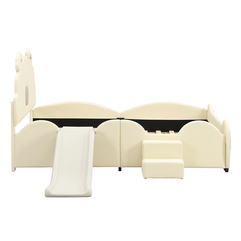 140*200cm Cartoon Bed, Children's Bed, Bear Bed, Equipped with Slide and Ladder, PU Material, Easy To Clean, Cute Shape, Beige