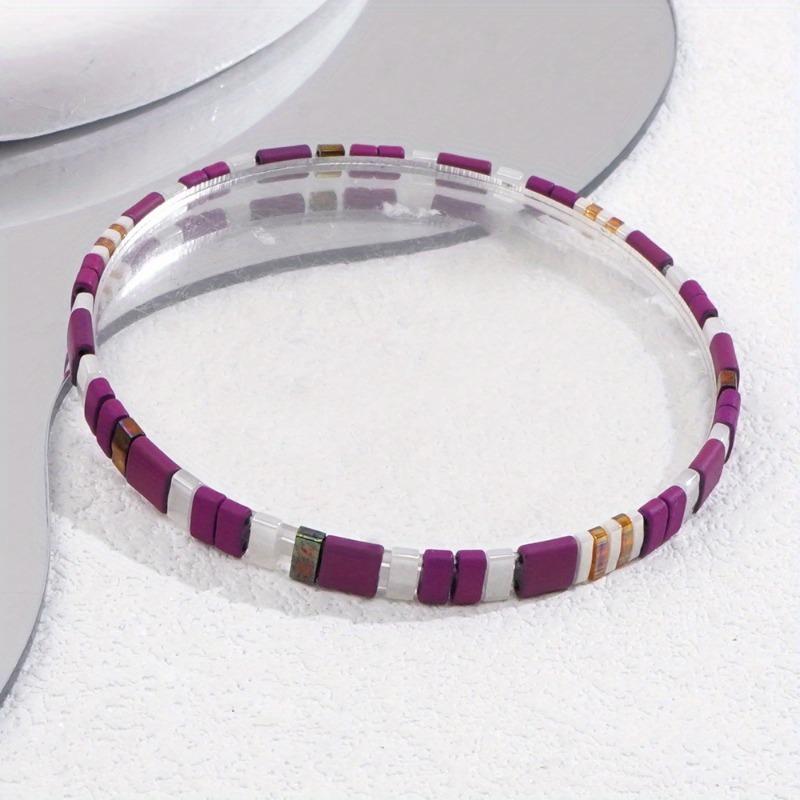 Purple White Boho Seed Bead Bracelet, Handmade Beaded Jewelry for Beach Party Daily Wear