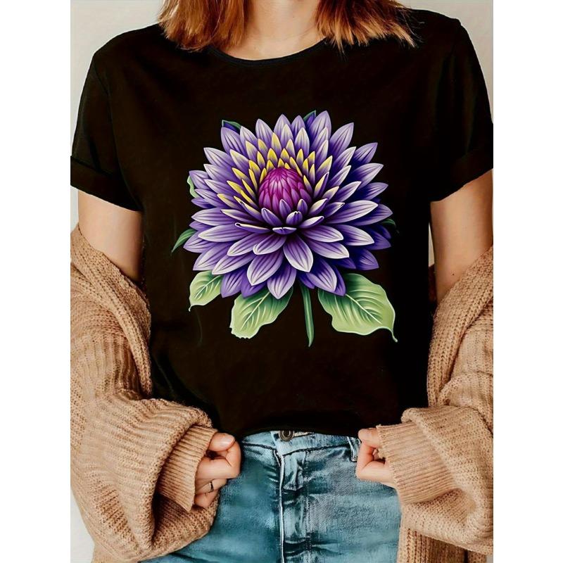

Womens Black Short Sleeve T-Shirt with Purple Dahlia Flower Print Casual Loose Fit Top for Daily Vacation T Shirt, Casual Summer Top Summer 4XL чорний