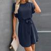 Womens Summer Short Dresses O Neck Casual Batwing-Short Sleeve Belted Dress For Women