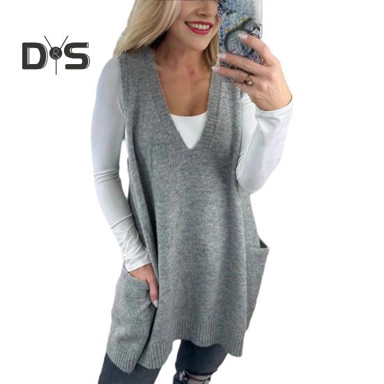 Women Sweater V-neck Sleeveless Solid Color Knitting Vest with Pockets Ribbed Trim Loose Fit Mid-length Casual Knitwear