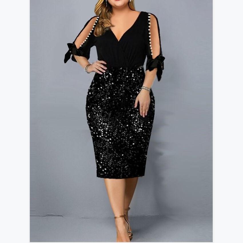 

women s Plus Size Pearl Cutout Cold Shoulder V Neck Sequin Patchwork Bodycon Midi Dress S чёрный