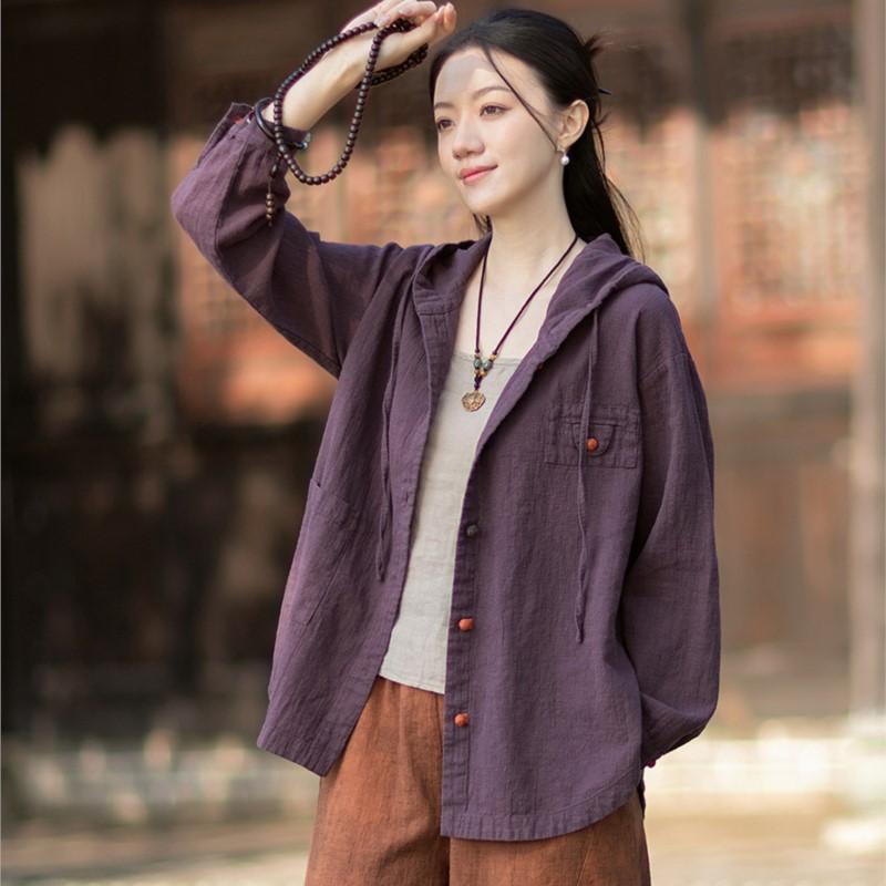 

Johnature Women Vintage Shirts Tops Hooded Spring Chinese Style Solid Color Blouses Button Shirts One Size фиолетовый