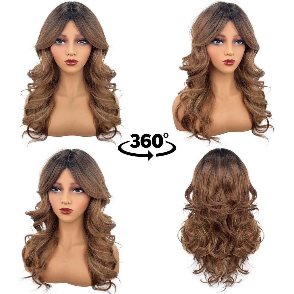 Gradient Brown Fashion Bangs Natural Curly Medium-Length Wig
