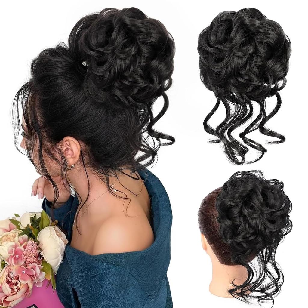 Unordentlicher Dutt Haarteil Wellig Lockig Synthetisch Hochsteckfrisur Chignon Fake Scrunchies Pferdeschwanzverlängerung für Damen Dunkelbraun