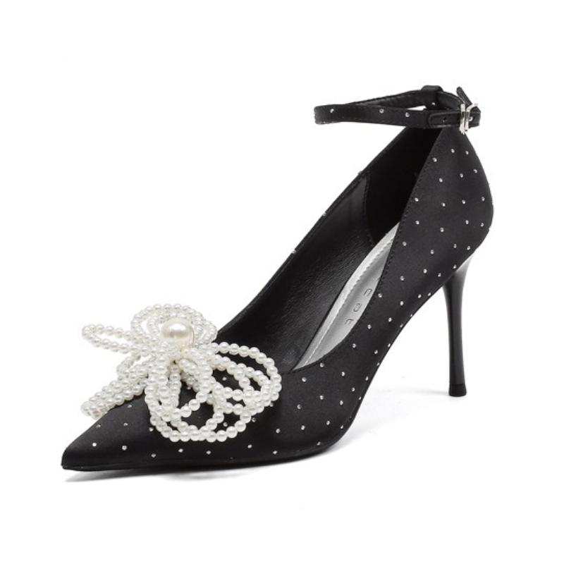 Mode Elegant String Perle Schleife Dekorative Pumps Damen Luxus Spitzzehe Kristall Knöchelschnalle Designer Schuh Mode Hochzeit Brautschuh