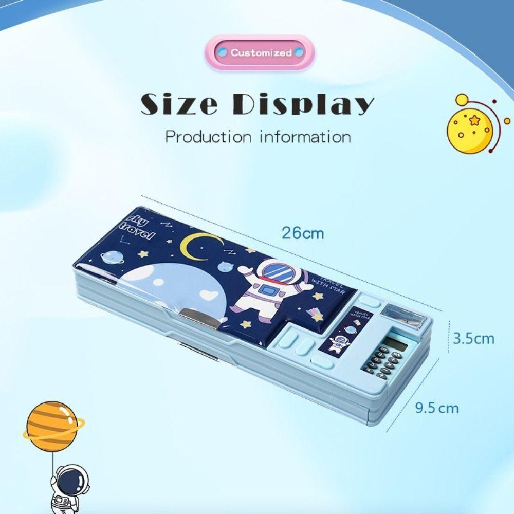 Double Layer Pencil Case With Calculator Pencil Sharpener Stationery Storage Box Plastic Astronaut/Animal Design