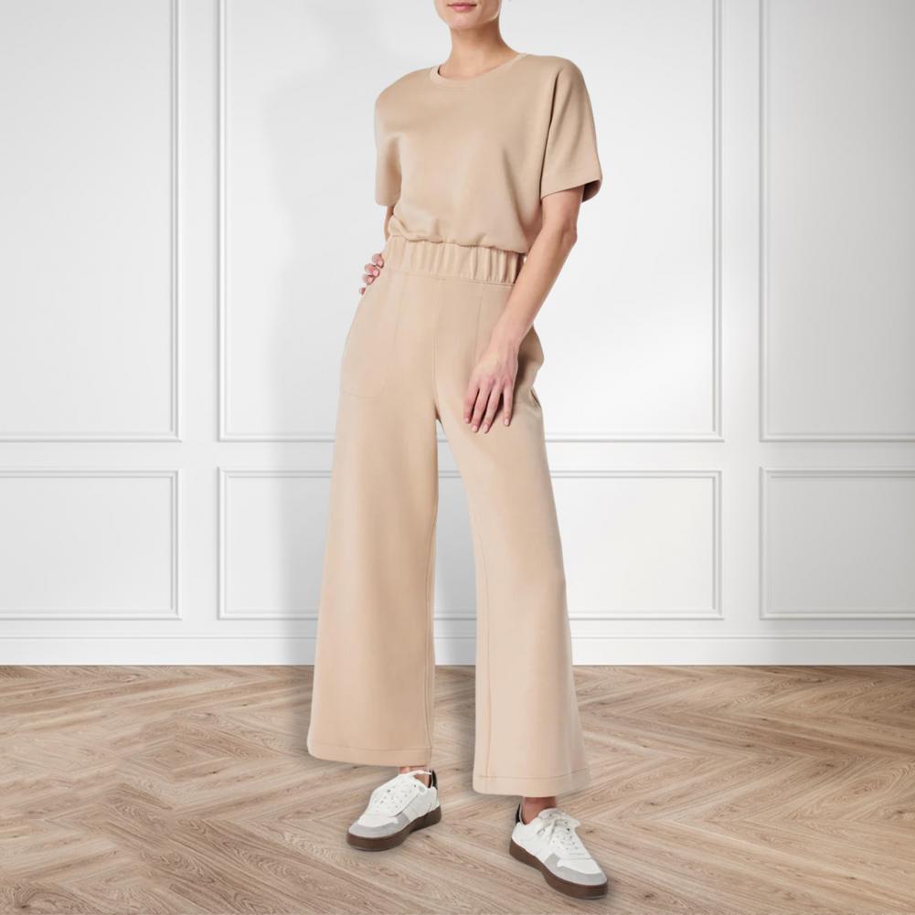 Summer Women Jumpsuit O Neck Short Sleeves Elastic Waist Wide Leg with Side Pockets Solid Color Loose Casual Daily Wear Ankle Le