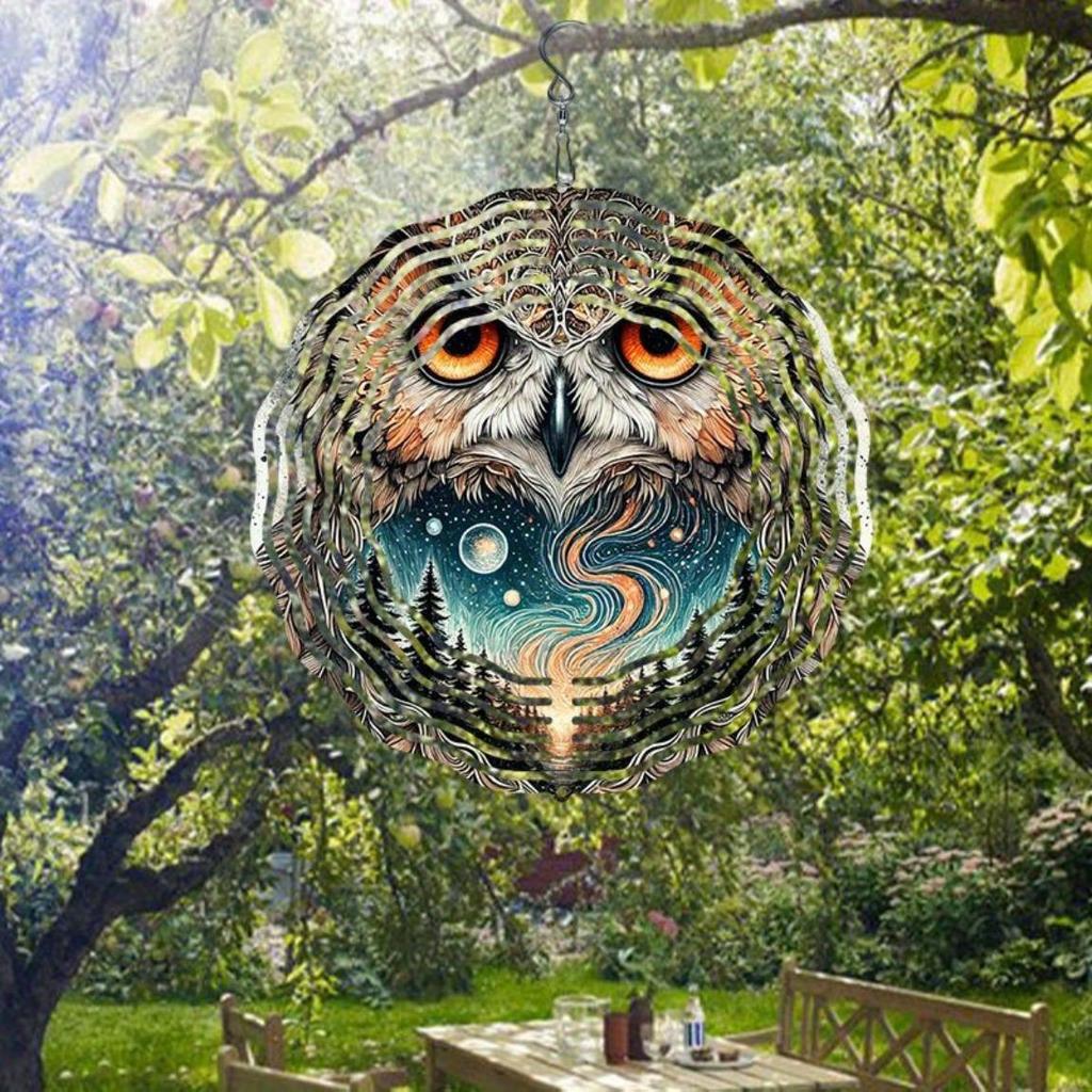 Dynamic 2D Metal Wind Spinner Mystical Owl Design Vibrant Nature Patterns Durable Outdoor Garden Decor Perfect Gift Yard Art Autumn Display