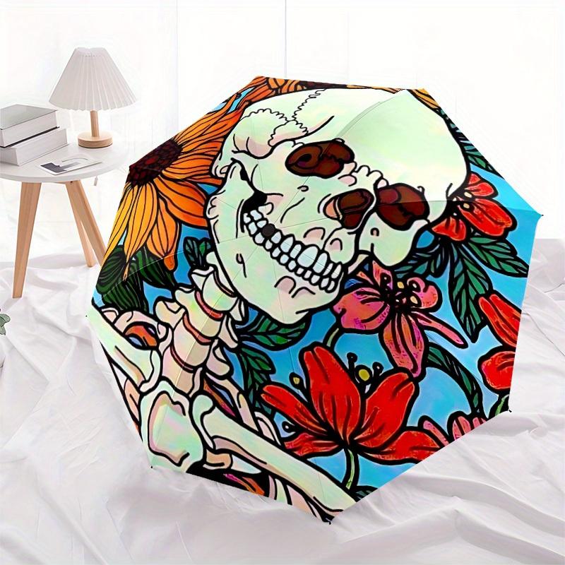 1pc Skull Flowers Automatic Open/close Umbrella, 8-Rib sturdy structure, Portable Travel Umbrella, Parties, Everyday Use, Outdoor Accessory,