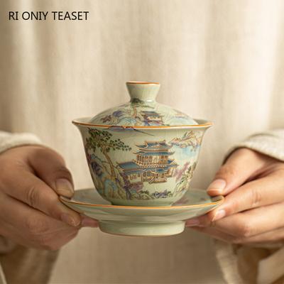 Chinese Ru Kiln Ceramic Gaiwan Teapot Handmade Landscape Tea Tureen Household Tea Bowl Kettle Travel Portable Teaware Tea Set