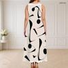 Women Plus Size Sleeveless Round Neck Triple Keyhole Cutout Printed White Navy Blue Long Dress