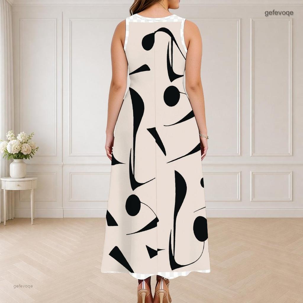 Women Plus Size Sleeveless Round Neck Triple Keyhole Cutout Printed White Navy Blue Long Dress