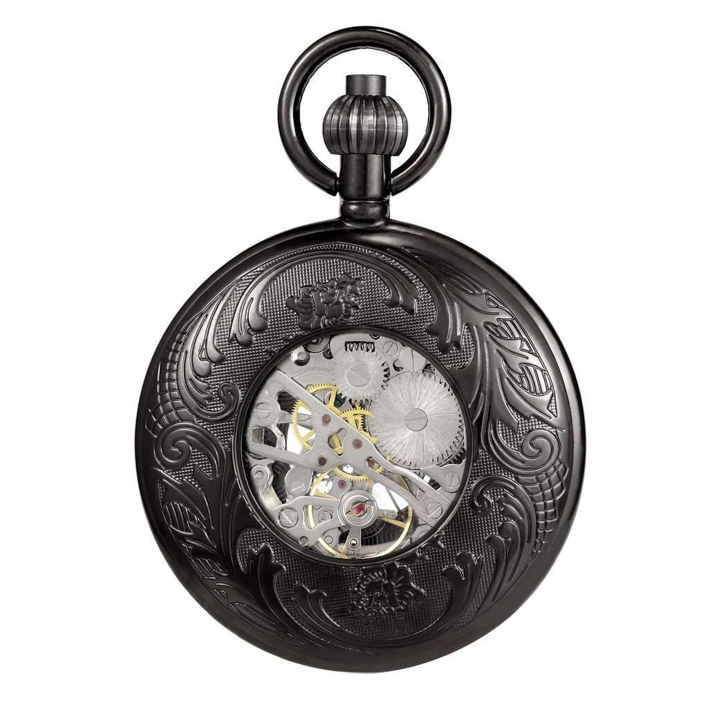TREEWETO Klassische Mechanische Taschenuhr mit Römischen Ziffern und Anhänger, Schwarze Kette,