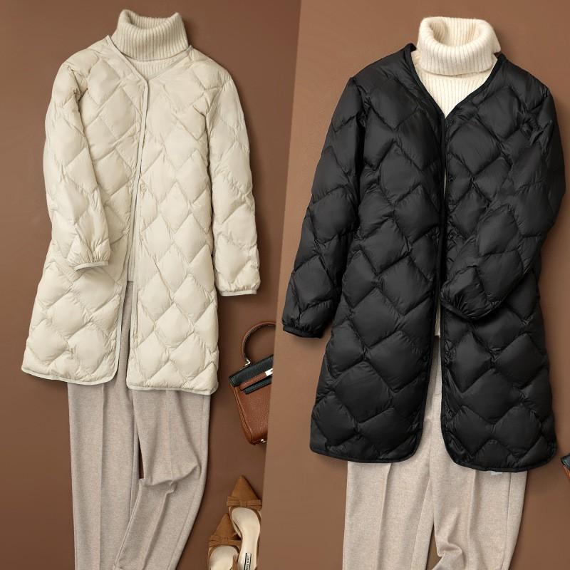 Womens Lightweight Down Coat Long Sleeve V-Neck Loose Fit Winter Outerwear No Hood