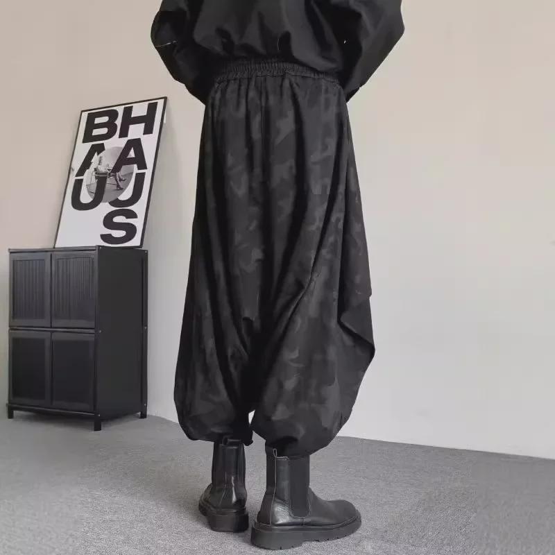 Pánské černé harémové kalhoty Warrior: Velká velikost, Styl Yamamoto, Design nepravidelné sukně, Niche originální dvoudílný rozkrok