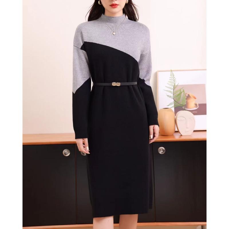 Semi-turtleneck contrasting sweater skirt autumn and winter elegant temperament waist new bottom knitted dress women