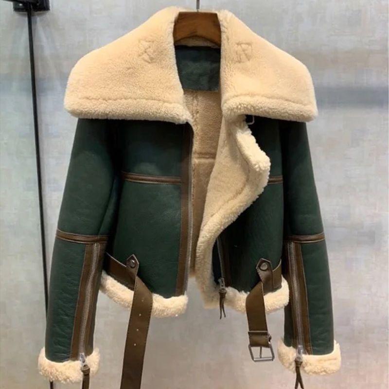 Large size women's winter clothing large lapel locomotive clothing women's thickened short imitation fur integrated imitation sheep shearing jacket
