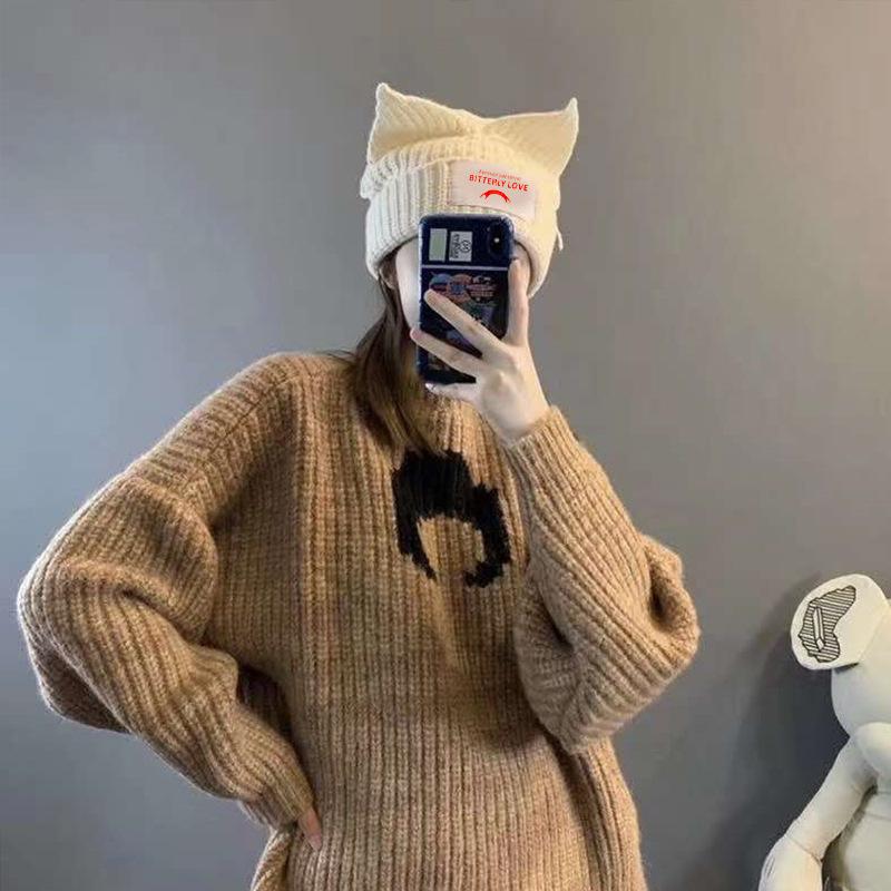 Design Personalized Cat Pig Ears Couple Knitted Wool Hat Cute Warm Autumn and Winter Hats for Men and Women