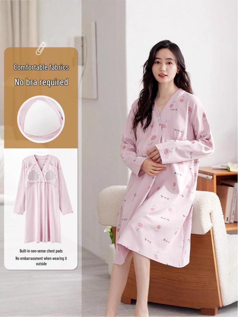 Bavlnová těhotenská noční košile s prsními vložkami pro předporodní a poporodní kojení, jarní/podzimní nošení