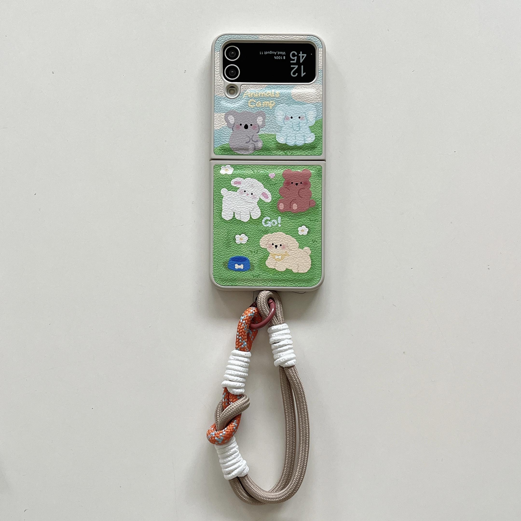 

For Samsung Galaxy Z Flip4 5G Case Leather Coated+PC Pattern Printing Phone Cover with Hand Strap Animals
