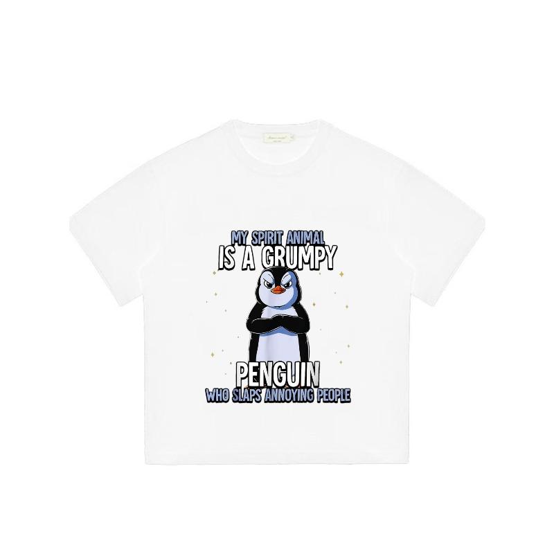 Crewneck T Shirt Black Grumpy Penguin with Text My Spirit Animal Is A Grumpy Penguin Who Slaps Annoying People Casual Wear for Men and Women