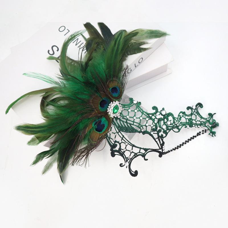 Velcro Peacock Feather Lace One-eyed Bronzing Chain, Halloween Party Mask