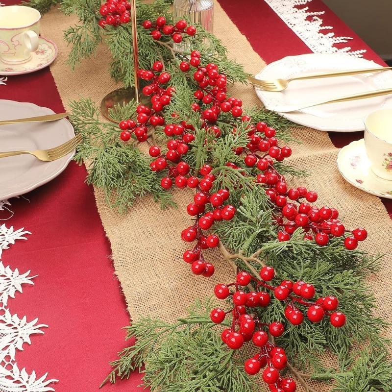10pcs Artificial Holly Berry Christmas Decor Wire Bundle Garland Wreath Christmas New Year Fake Red Berries for Wreath DIY Home Decor