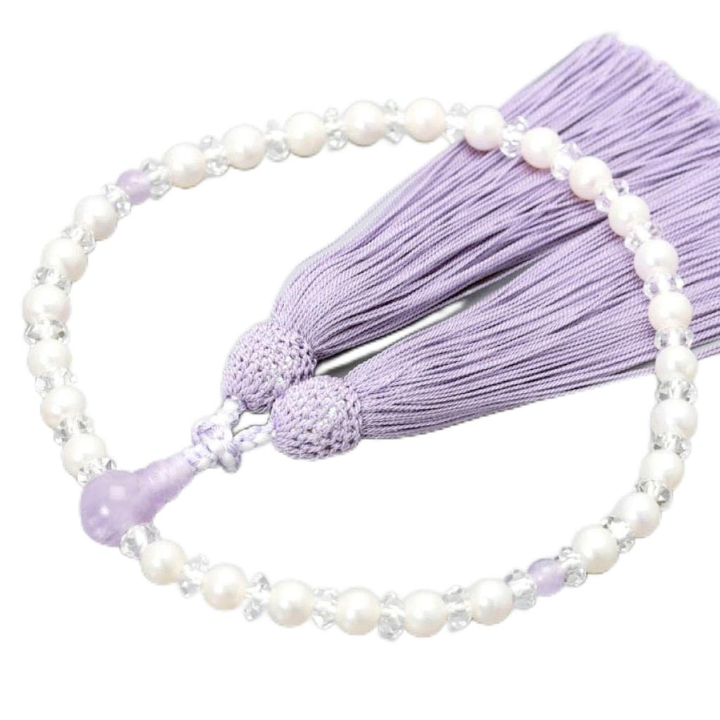 Women's Buddhist Prayer Beads, Kyoto Style, Freshwater Pearls, Satoru (Shinto Cloud) and Fujiun Stone, with Silk Matsukaze Tassel, Suitable for All