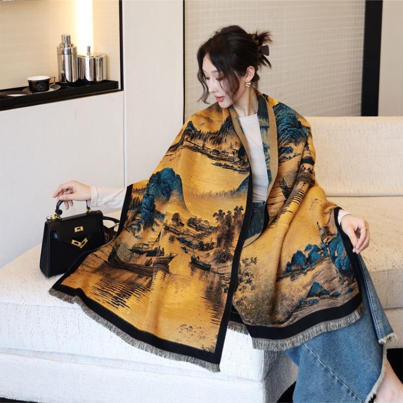 Thousands of miles of Jiangshan new thickened shawl autumn and winter double-sided jacquard scarf women's high-end warm versatile scarf