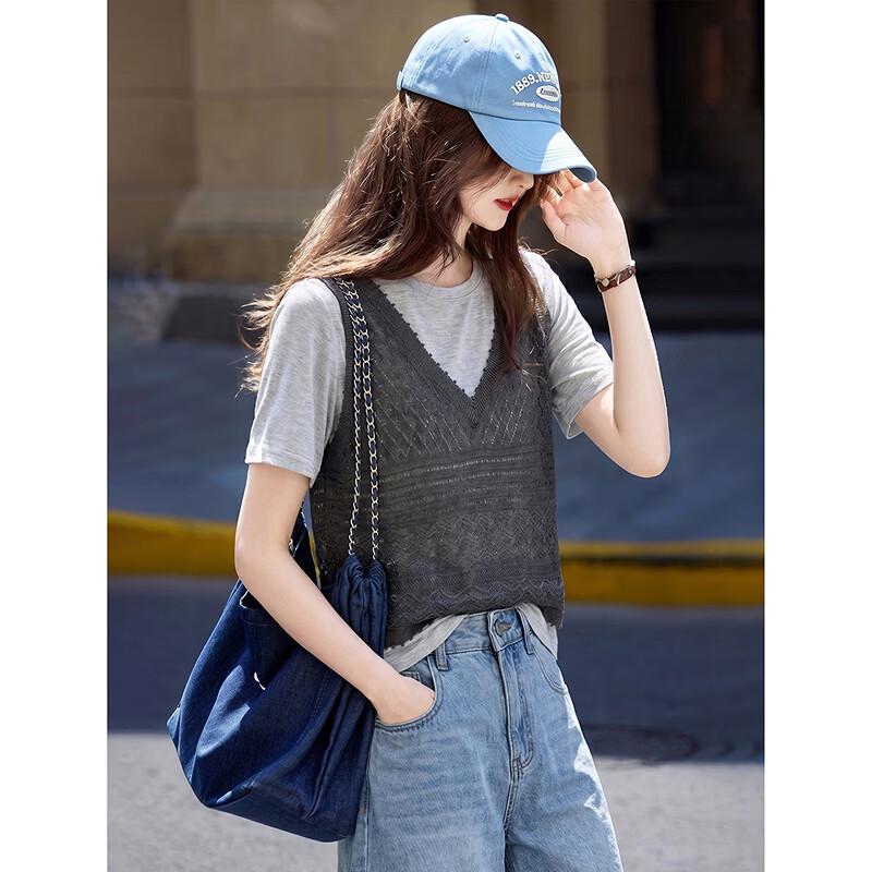 Summer Faux Two-Piece Knit Pullover Top One Size