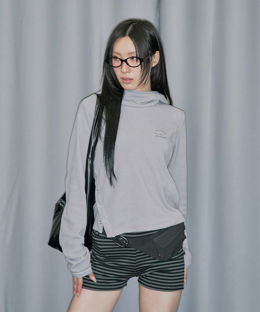 ODDSTUDIO Side Snap Waffle Hoodie Long Sleeve - Light Gray