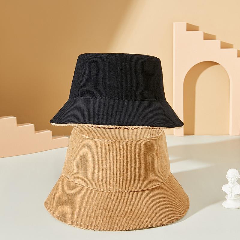 Autumn and winter new lamb wool thickened outdoor warm bucket hat double-sided basin hat corduroy basin hat
