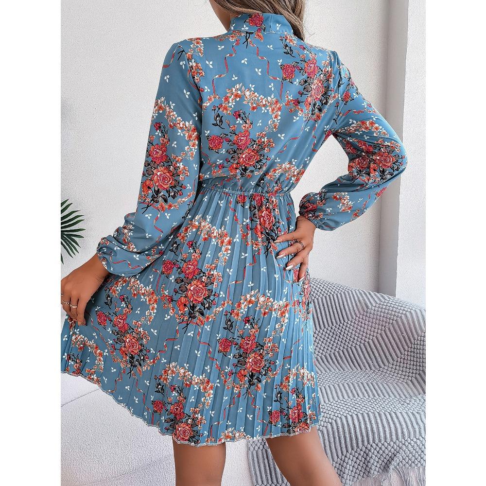 New Elegant Floral Tie Waist Long Sleeve Pleated Skirt Women's Fashion Dresses