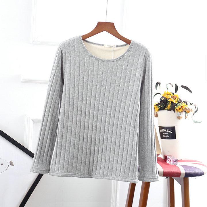 Thick Plus-Size Velvet-Lined Long-Sleeve Ribbed Cotton T-Shirt - Korean Style