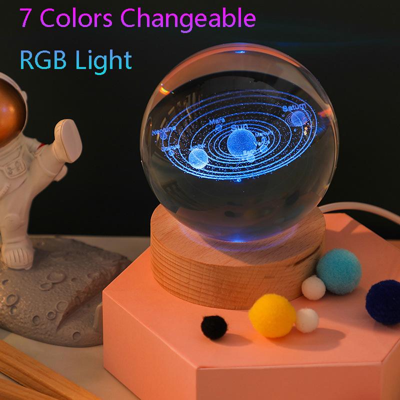 Unique 3D Crystal Ball Lamp with Galaxy and Planetary Projections USB Night Light RGB 7 Colors Dimming Atmosphere Lights Gift 1&0-5W