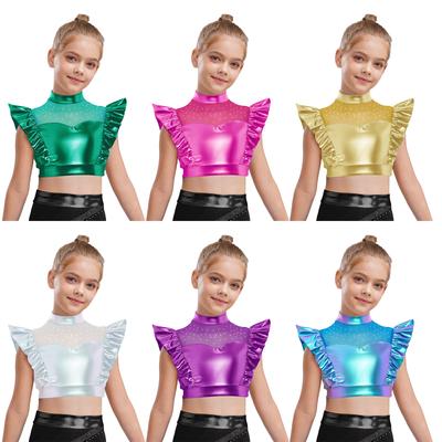 Mädchen Metallic Tanktop Stehkragen Mesh Patchwork mit Strass Glänzendes Rüschen Crop Top Schlüssellochrücken