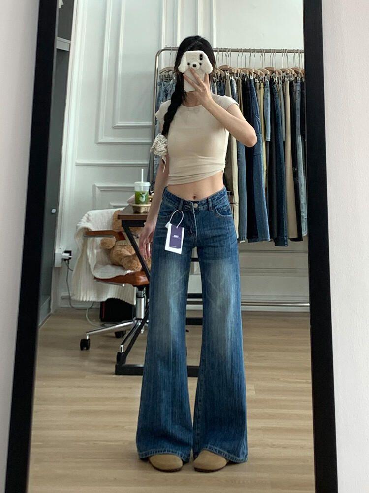 

Big Yard High Street Lazy Wind Micro Flared Wide-Leg Jeans Women Autumn Low-Waist Slim Drag Floor Trousers Jeans for Women Long Denim Pants XS