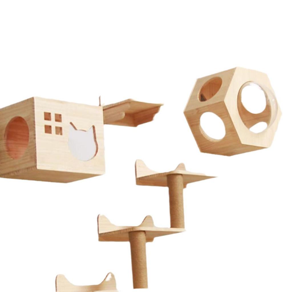 Solid Wood Vertical Cat Tree with Integrated Bed, Scratcher & Villa