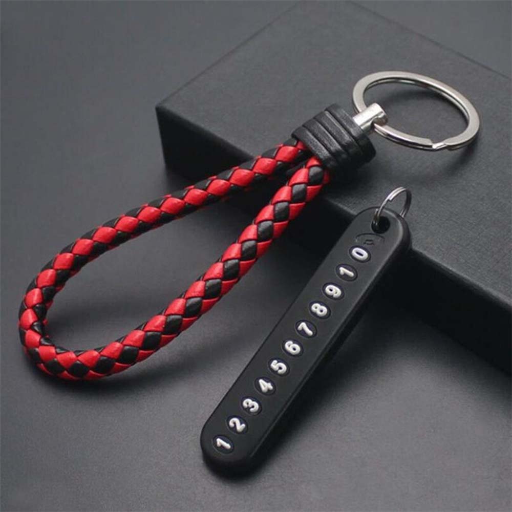 Hand Woven Leather Strap Phone Number Keychain Car Key Clip Car Key Holder Lanyard Keyring
