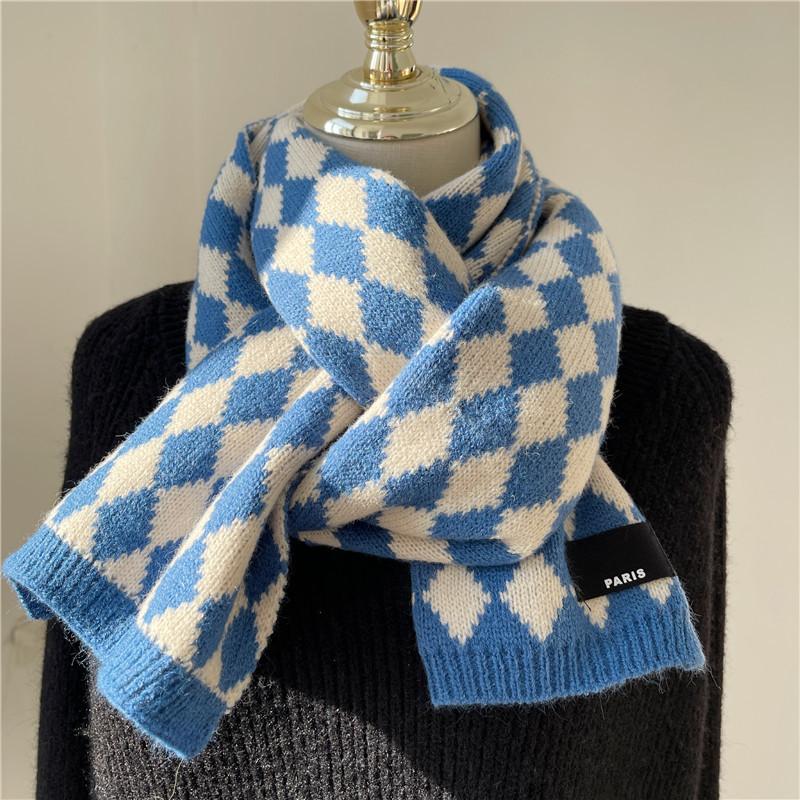 Scarf for Women Autumn and Winter Korean Version Versatile Checkerboard Student Couple Warm Knitted Wool Scarf Spring Festival Festive Red