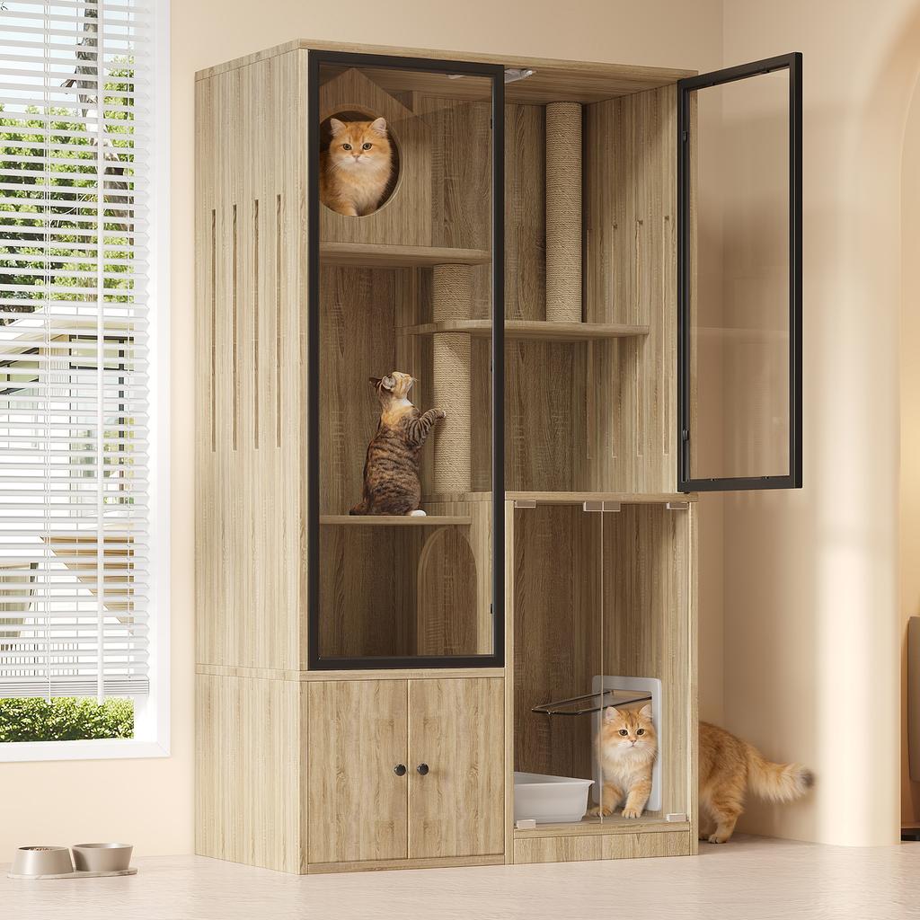 Cat Villa, Indoor Cat House, Chinchilla Cage, with Small Entry and Exit Door (Lockable), Wood-Colored, 90 x 50 x 160 cm, without Cat Litter Box