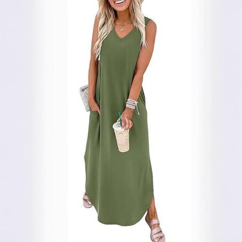 BITCED Fashion Summer Spring Solid Color Print Sleeveless V-Neck  Casual Dresses