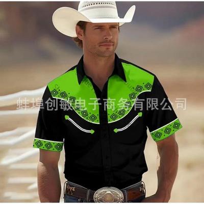 Camisa de Verão Masculina Vermelha Estilo Western Bordada Manga Curta