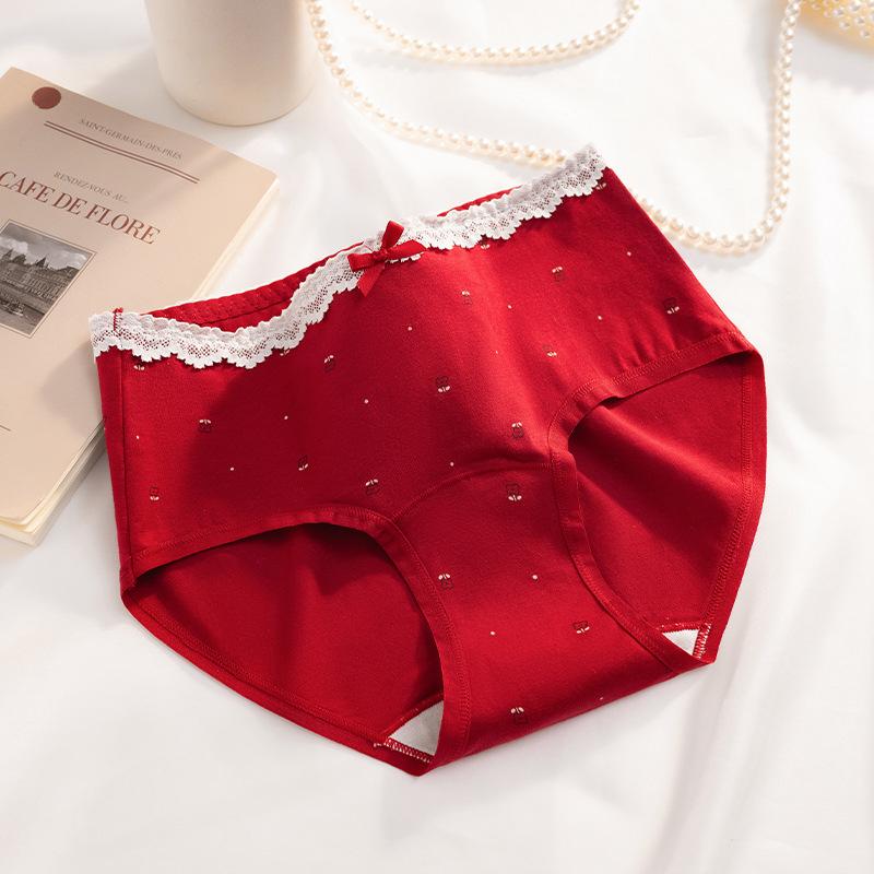 Women's Spring and Autumn Year Red Floral Pure Cotton 10A Extended Middle Waist Triangle Briefs