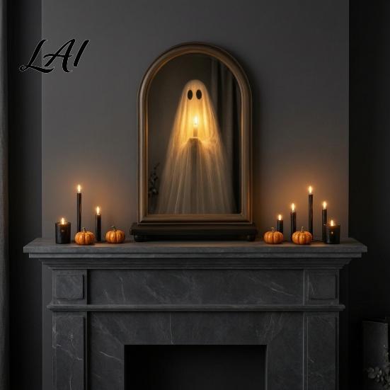 Haunted Mansion Decor Halloween Light Up Ghost Mirror Holding Candle on Spooky House Mirror Decorations Indoor for Wall Table Mantel Room Home Office