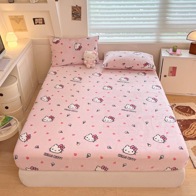 Sanrio Thick Warm Milk Velvet Fitted Sheet - Cute KT Cat, Kuromi & My Melody Design