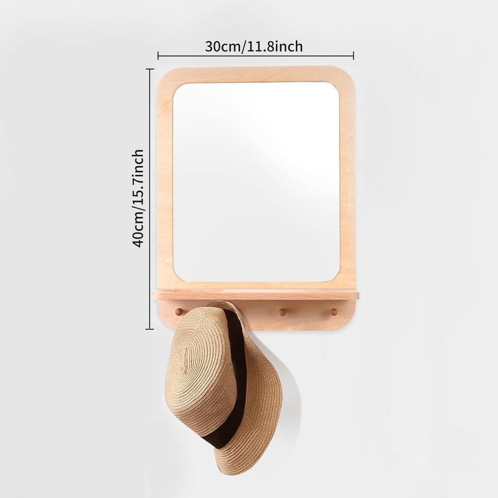 Wooden and Acrylic Wall Mirror for Kids with Hooks and Shelf, Baby Safety Shatterproof Entryway Acrylic Wall Mirror, Unbreakable Wood Frame Toddler
