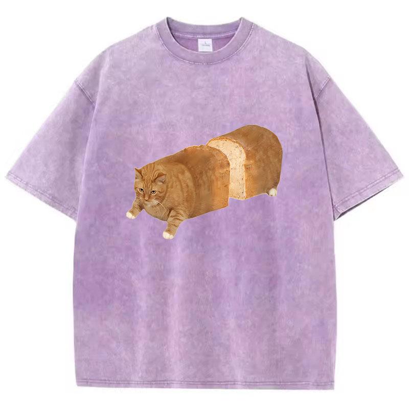 Oversize T Shirt Vintage Washed Cotton T-Shirt Y2k Retro Hummor Bread Cat Graphic Tee Casual Streetwear Spring Summer