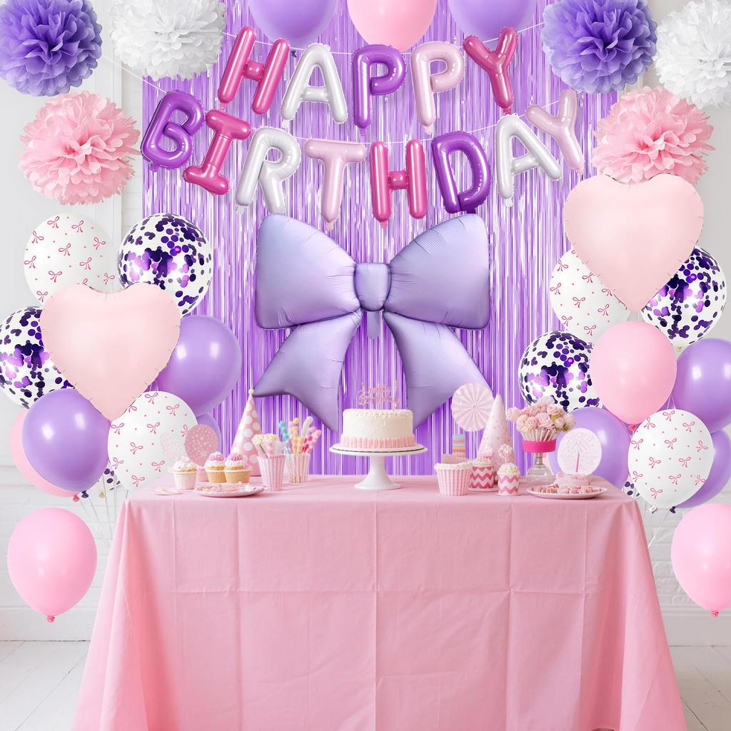 Tonpop Birthday Decoration Balloon Set Purple Balloons Garland Ribbon Heart Tassel Curtain Paper Flowers Party Decor for Girls